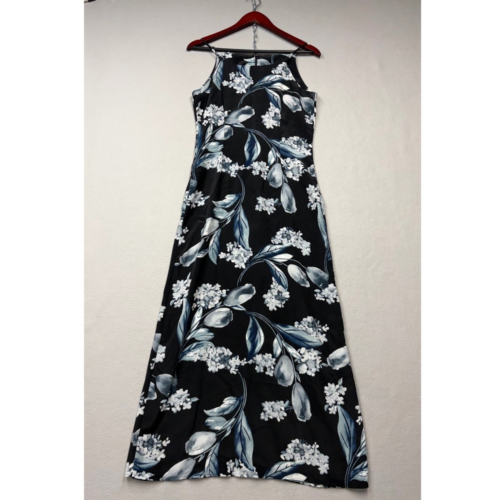 Sense USA Maxi Dress Womens Medium Black Blue Floral Y2K Sleeveless 3441